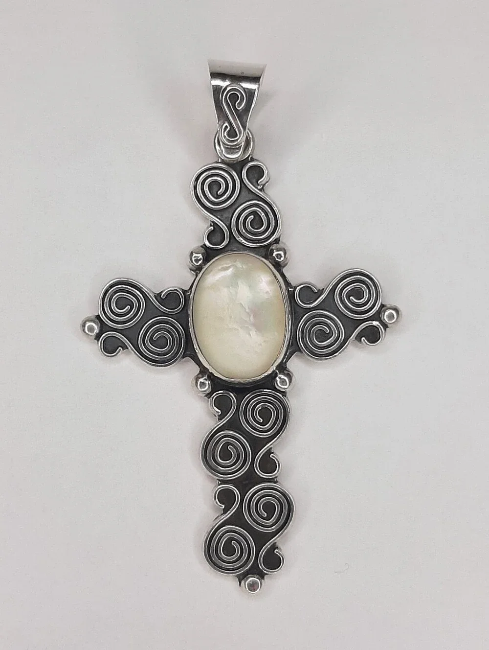 Vintage MSW 925 Sterling Silver Cross Pendant Mexico Stamped Mother Of Pearl